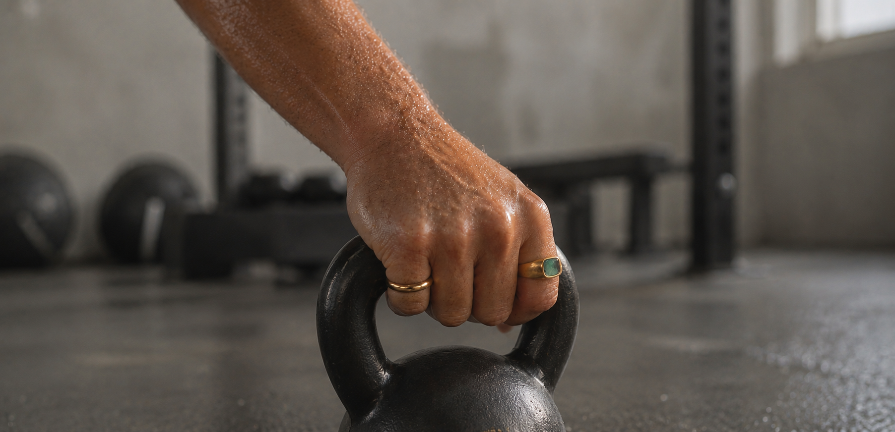 Hand holding a kettlebell wearing the plain gold band and stone ring